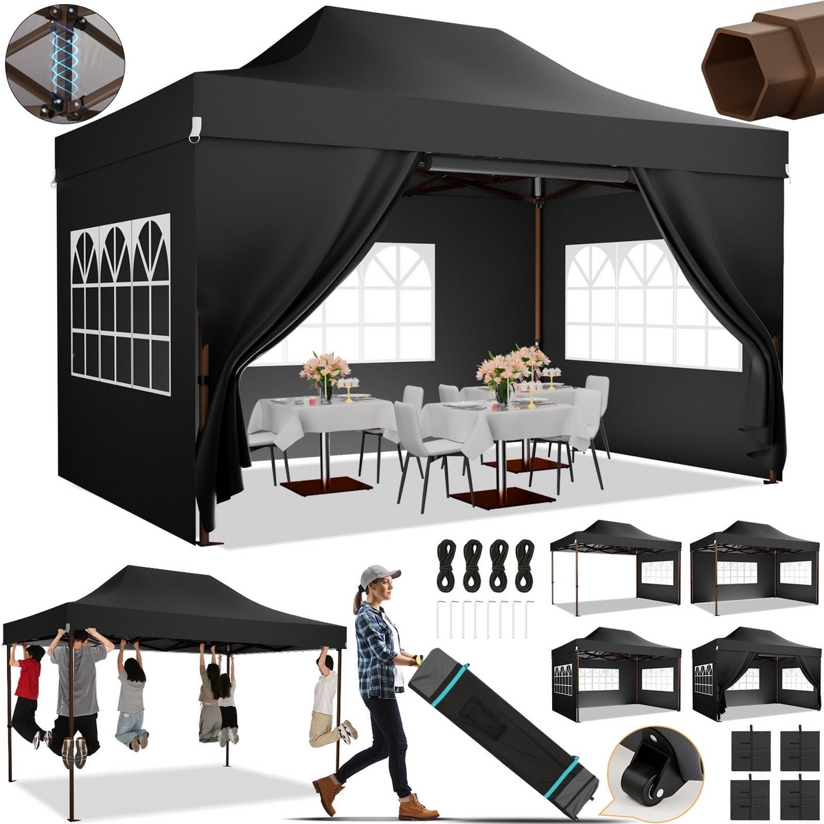 HOTEEL 10x10 Heavy&nbsp;Duty Canopy Tent,Commercial Pop Up Gazebo with 4 Sidewalls,Waterproof UV50+ Party Tent&Carry Bag(Black)