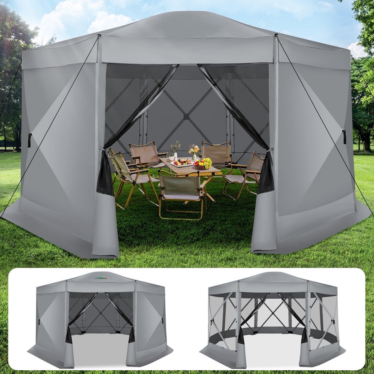 HOTEEL 15x15ft Outdoor Pop Up Gazebo for Camping, Screen House with 7 Sidewalls and Mosquito Netting, Waterproof, UV Resistant,Portable Carry Bag, for Outdoor Camping, Lawn and Backyard, Brown