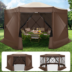 HOTEEL 15x15ft Outdoor Pop Up Gazebo for Camping, Screen House with 7 Sidewalls and Mosquito Netting, Waterproof, UV Resistant,Portable Carry Bag, for Outdoor Camping, Lawn and Backyard, Brown