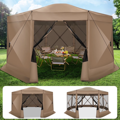 HOTEEL 15x15ft Outdoor Pop Up Gazebo for Camping, Screen House with 7 Sidewalls and Mosquito Netting, Waterproof, UV Resistant,Portable Carry Bag, for Outdoor Camping, Lawn and Backyard, Brown