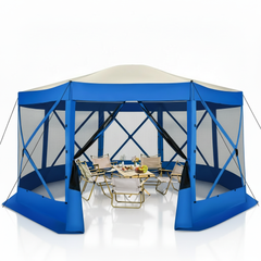 HOTEEL 15x15ft Outdoor Pop Up Gazebo for Camping, Screen House with 7 Sidewalls and Mosquito Netting, Waterproof, UV Resistant, Portable Carry Bag, Blue