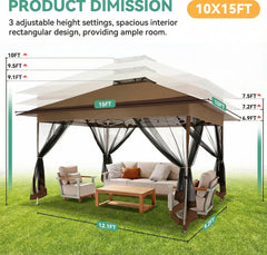 COBIZI 10‘x15’ Pop-Up Gazebo - Outdoor pop-up sunshade canopy tent, patio gazebo, shade canopy - Mesh tent with portable storage bag, suitable for camping, garden, terrace, backyard