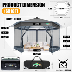 13x13 Pop Up Gazebo Tent with Mosquito Netting, Hexagonal Outdoor Canopy Shelter, Patented Center Lock 6-Sided Portable Gazebos, Pop Up Canopy Tent for Lawn, Garden, Backyard