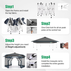 13x13 Pop Up Gazebo Tent with Mosquito Netting, Hexagonal Outdoor Canopy Shelter, Patented Center Lock 6-Sided Portable Gazebos, Pop Up Canopy Tent for Lawn, Garden, Backyard