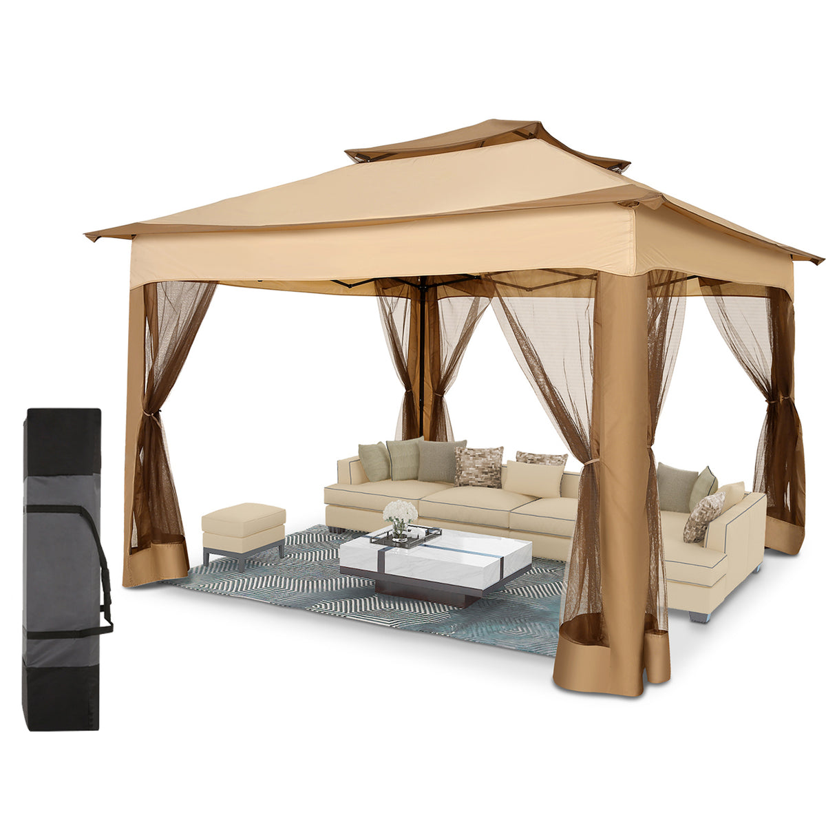 HOTEEL 12x12 Pop Up Gazebo Canopy Tent, Outdoor Waterproof Portable Gazebo With Mosquito Nettings, Double Vented Roof, 3 Adjustable Height and Carry Bag for Patio Garden Lawn,Gray