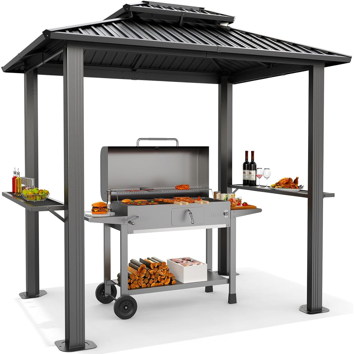 6' x 8' hardtop grill gazebo with vented double roof, galvanized steel sun and rain shelter, rust-resistant aluminum barbecue gazebo for outdoor cooking, patio, backyard