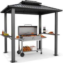 6' x 8' hardtop grill gazebo with vented double roof, galvanized steel sun and rain shelter, rust-resistant aluminum barbecue gazebo for outdoor cooking, patio, backyard