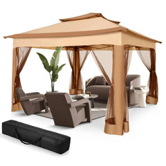 COBIZI Gazebo Canopy Tent, Pop Up Canopy 11x11 Tents for Parties, Outdoor Gazebo with Mosquito Netting and Vented Roof, Screen House for Garden Patio Backyard, Khaki