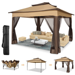 HOTEEL 12x12 Outdoor Pop-up Gazebo Canopy with Mosquito Netting 2-Tiered Vented Top 3 Adjustable Height for Backyard, Garden, Lawn,Light Grey