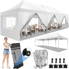 HOTEEL 10'x30' Pop Up Canopy Tent with 8 Sidewalls, Heavy Duty Wedding Event Tents, Party Gazebo with Roller Bag,UPF 50+ Windproof Waterproof,White