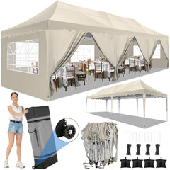 HOTEEL 10'x30' Pop Up Canopy Tent with 8 Sidewalls, Heavy Duty Wedding Event Tents, Party Gazebo with Roller Bag,UPF 50+ Windproof Waterproof,White