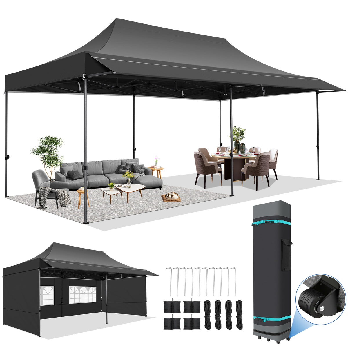 COBIZI 10X20 ft Canopy with Extended Awning, Heavy Duty EZ Pop up Folding Canopy Tent with Roller Bag, Rainproof&Sunproof Awning Gazebo Shelter for Party Events, Market, Vendor