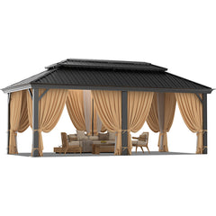 HOTEEL 10'x15' Hardtop Gazebo, Outdoor Steel Double Galvanized Roof Canopy, Aluminum Frame Permanent Pavilion Metal Gazebo with Curtains and Nettings, Sunshade for Patios, Gardens, Lawns, Brown