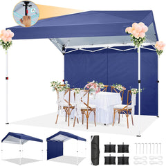 Hoteel 10x10 Carport Canopy Tent with 1 Sidewall, 3 Adjustable Height Portable Garage, Instant Outdoor Carports with 8 Stakes, 4 Sandbags & Ropes for Motorcycle, Garden Tool, Commercial, Dark Blue