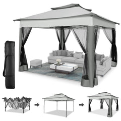 HOTEEL 12x12 Outdoor Pop-up Gazebo Canopy with Mosquito Netting 2-Tiered Vented Top 3 Adjustable Height for Backyard, Garden, Lawn,Light Grey