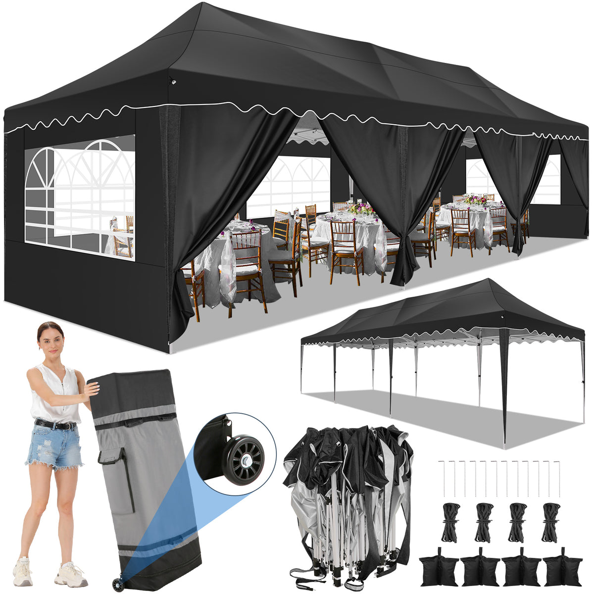 HOTEEL 10'x30' Pop Up Canopy Tent with 8 Sidewalls, Heavy Duty Wedding Event Tents, Party Gazebo with Roller Bag,UPF 50+ Windproof Waterproof,White