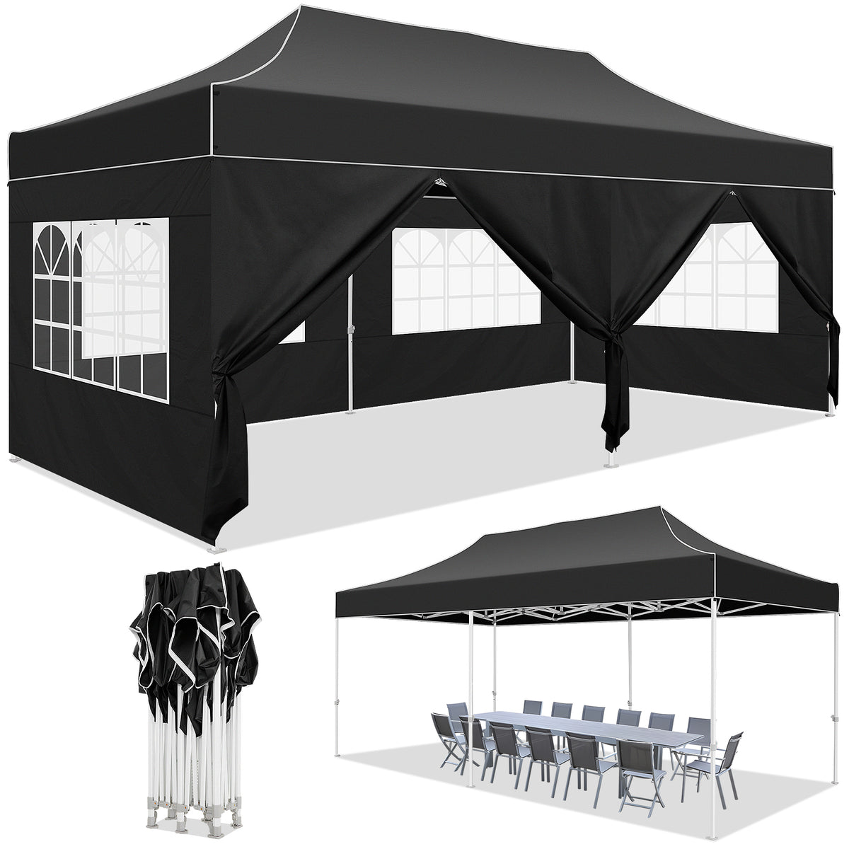 HOTEEL 10x20 Pop up Canopy Tent with 6 Sidewalls Heavy Duty Party Tent Easy Up Commercial Canopy Tents for Parties with Waterproof & UV 50+ Roller Bag Sand Bags, White (Upgraded Frame & Windprood)