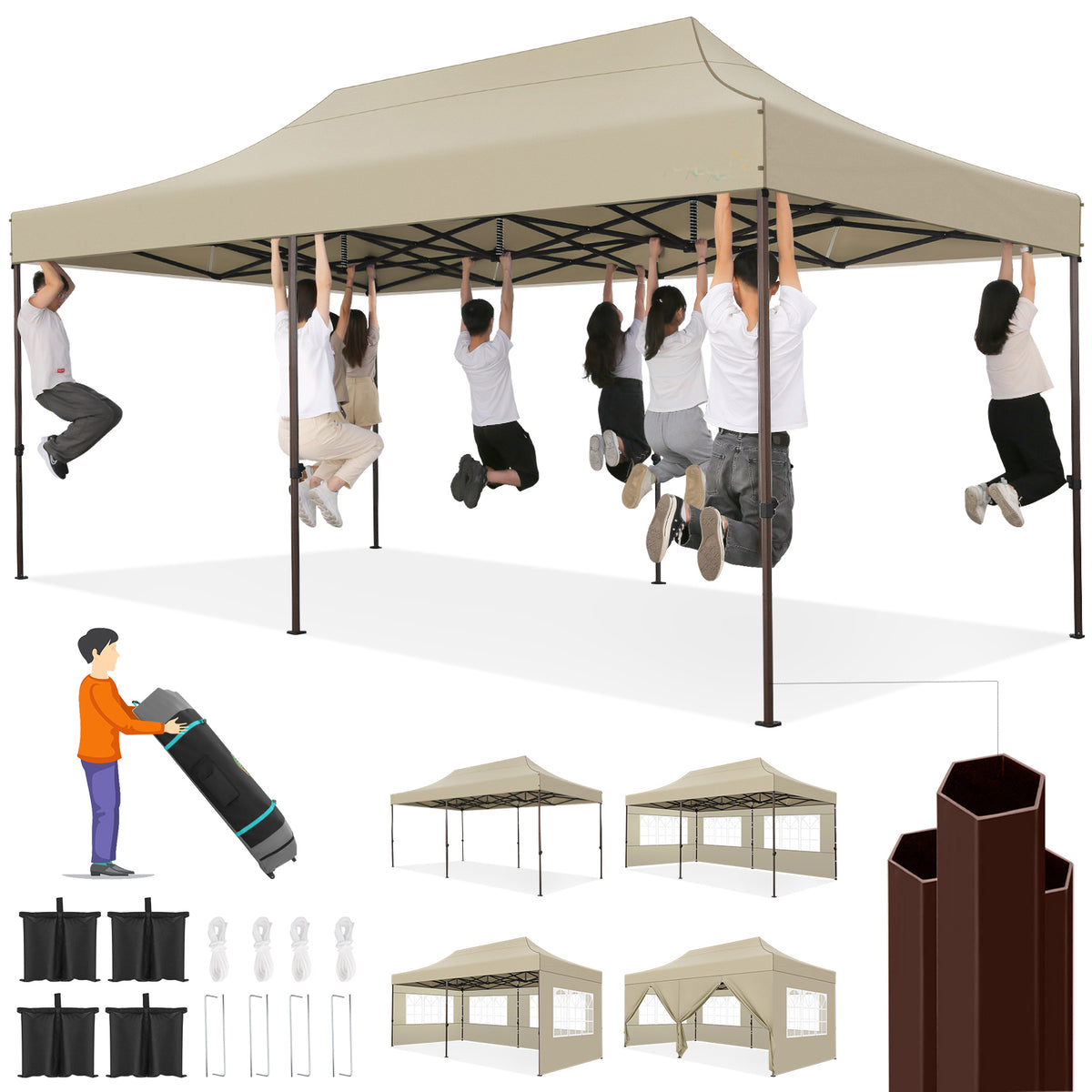 HOTEEL 10x20 Heavy Duty Canopy Tent with 6 Removable Sidewalls,Pop up Outdoor Commercial Party Wedding Tent with Roller Bag,Waterproof & UV 50+,Khaki