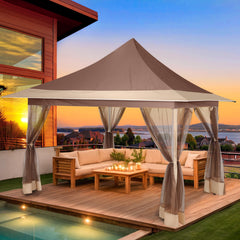 HOTEEL 12x12 Outdoor Waterproof Gazebo, Pop Up Canopy Tent with Adjustable Height, UV Protection & Mosquito Net, Ideal for Parties, Camping, Weddings, and Backyard Events,Brown