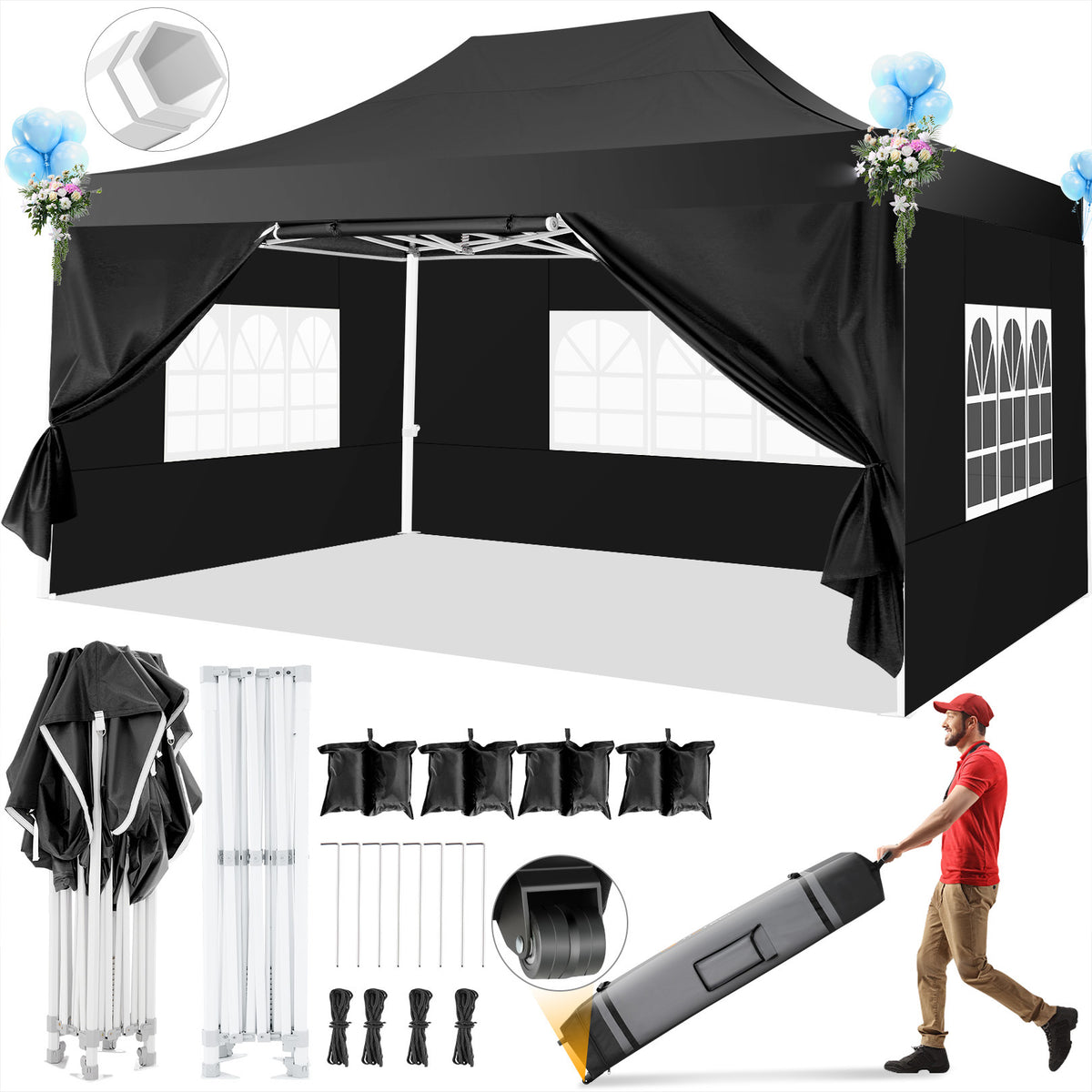 Hoteel 10'x15' Heavy Duty Canopy Tent with 4 Sidewalls,Pop up Canopy for Parties Wedding,Commercial Easy up Gazebo with Roller Bag,UV 50+&Waterproof