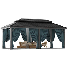 HOTEEL 10'x15' Hardtop Gazebo, Outdoor Steel Double Galvanized Roof Canopy, Aluminum Frame Permanent Pavilion Metal Gazebo with Curtains and Nettings, Sunshade for Patios, Gardens, Lawns, Brown