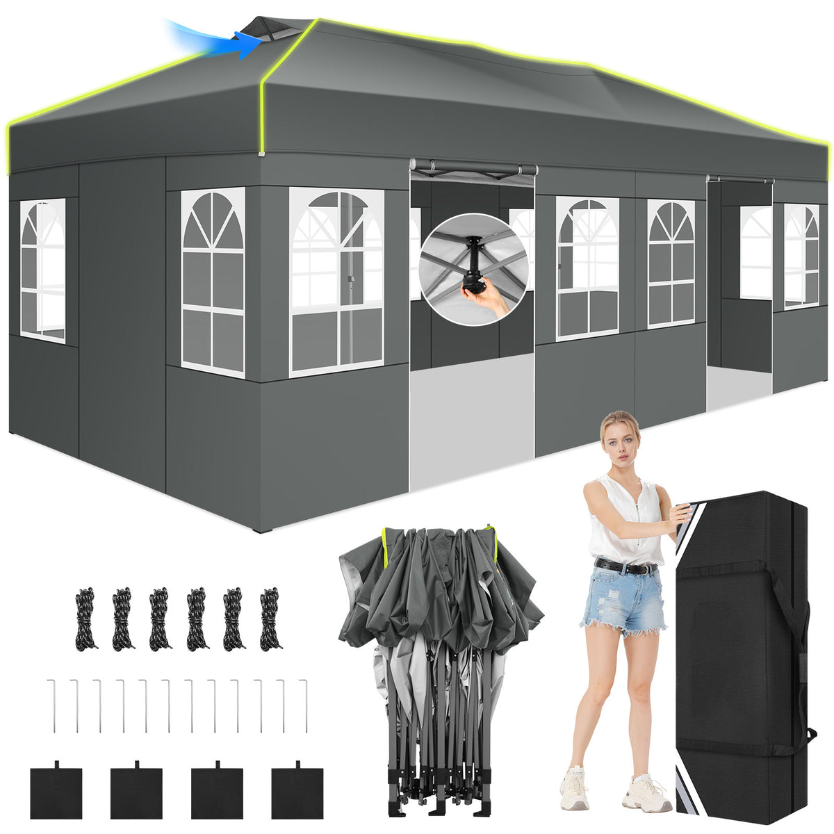 COBIZI 10x20 Pop up Canopy Tent Easy up Canopy for Outside Instant Portable Waterproof Party Canopy Tent for Summer Beach Garden Party Camping Outside with Air Vent,Reflective Strip,4 Sandbags