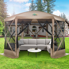 COBIZI 12x12ft Pop Up Canopy Gazebo, Outdoor Canopy Tent Screen House with 6 sidewalls and Netting for Camping, Waterproof, UV Resistant, Ez Set-up Party Tent with Carrying Bag and Ground Stakes,Brown