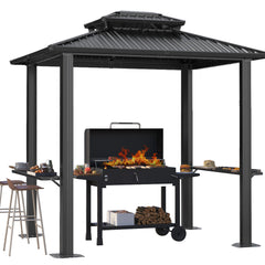 HOTEEL 6x8 FT Hardtop Grill Gazebo with Vented Double Roof, Galvanized Steel Sun & Rain Shelter, Rust-Resistant Aluminum BBQ Gazebo for Outdoor Cooking, Patio, Backyard (Black)