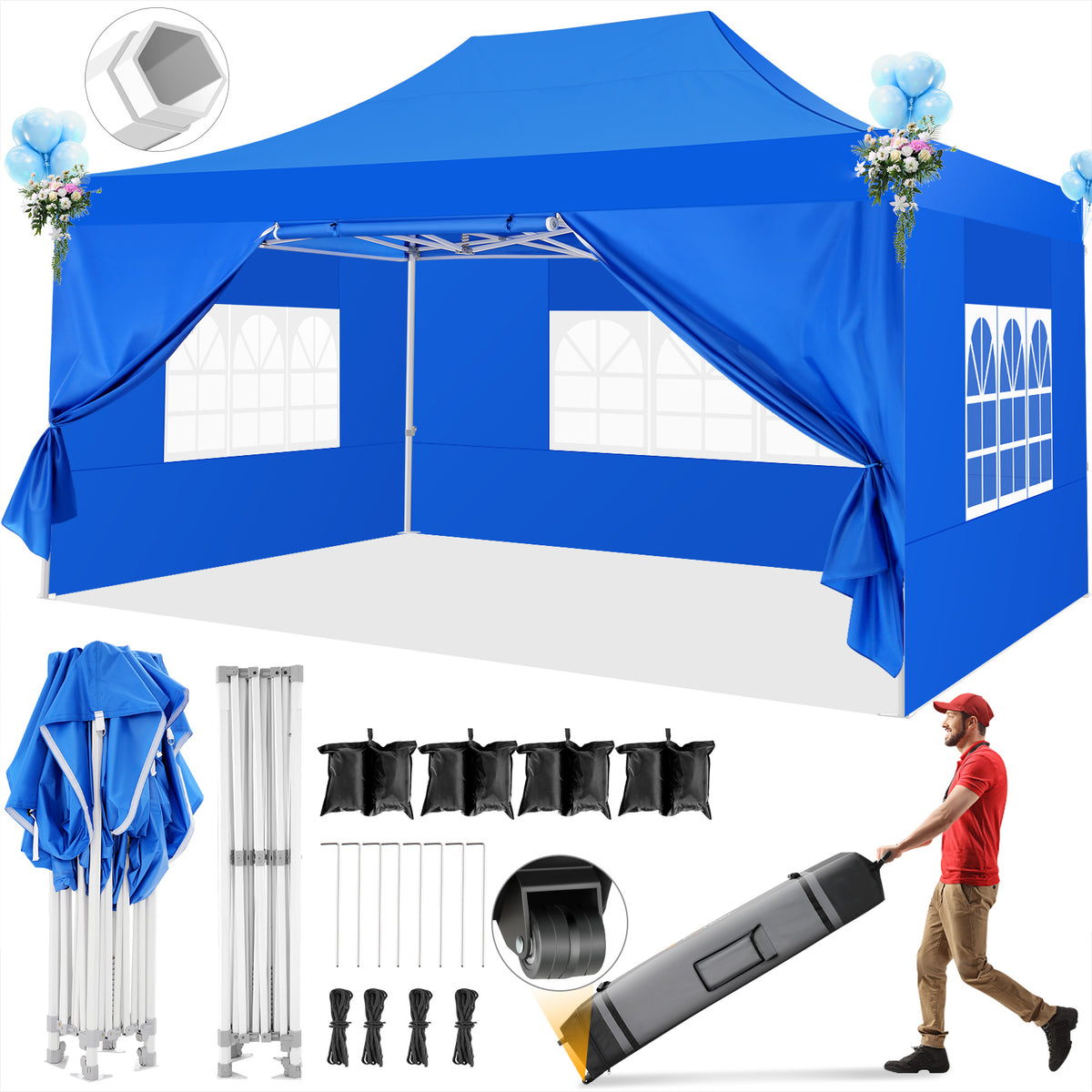 HOTEEL 10x15 Pop Up Canopy Tent Heavy Duty with 4 Sidewalls,Tents for Parties Outdoor Canopy Event Tent Wedding with Roller Bag,UV 50+ & Upgraded No Water Accumulation,Thick Hexagonal Legs