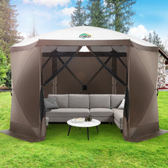 COBIZI 12x12ft Pop Up Canopy Gazebo, Outdoor Canopy Tent Screen House with 6 sidewalls and Netting for Camping, Waterproof, UV Resistant, Ez Set-up Party Tent with Carrying Bag and Ground Stakes,Brown