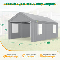 Hoteel Carport 10x20 ft Heavy Duty Car Canopy with Roll-up Windows Portable Garage with Removable Sidewalls & Door, Outdoor Canopy Carport Portable Car Tent Garage Car Canopy with Steel Frame, Gray