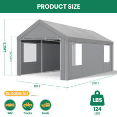 HOTEEL 10'x20' Large Heavy Duty Car Tent with Steel Frame, Portable Garage Wedding Tent Gazebo Big Tents Carport Shelter with Waterproof Top Cover, All-Season Tarp for Outdoor Party Birthday, Gray