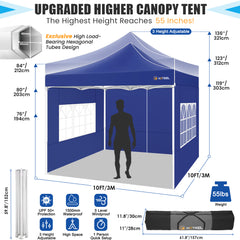 Hoteel 10x10 Heavy Duty Canopy Tent with 4 Sidewalls, Commercial Instant Shelter Tent for Parties, Wedding Event, Adjustable Outdoor Canopy with Carry Bag, 4 Ropes & 8 Stakes, Dark Blue