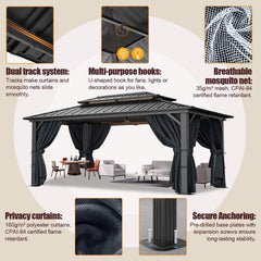 10' x 12' Heavy-Duty Hardtop Gazebo, Galvanized Steel Double-Layer Roof, Hot Tub Gazebo, with Fire-Resistant Curtains and Mesh, Aluminum Frame Outdoor Canopy, Suitable for Patios and Parties