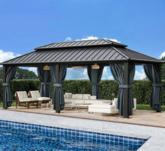 HOTEEL 10'x15' Hardtop Gazebo, Outdoor Steel Double Galvanized Roof Canopy, Aluminum Frame Permanent Pavilion Metal Gazebo with Curtains and Nettings, Sunshade for Patios, Gardens, Lawns, Brown