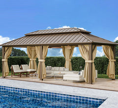 HOTEEL 10'x15' Hardtop Gazebo, Outdoor Steel Double Galvanized Roof Canopy, Aluminum Frame Permanent Pavilion Metal Gazebo with Curtains and Nettings, Sunshade for Patios, Gardens, Lawns, Brown