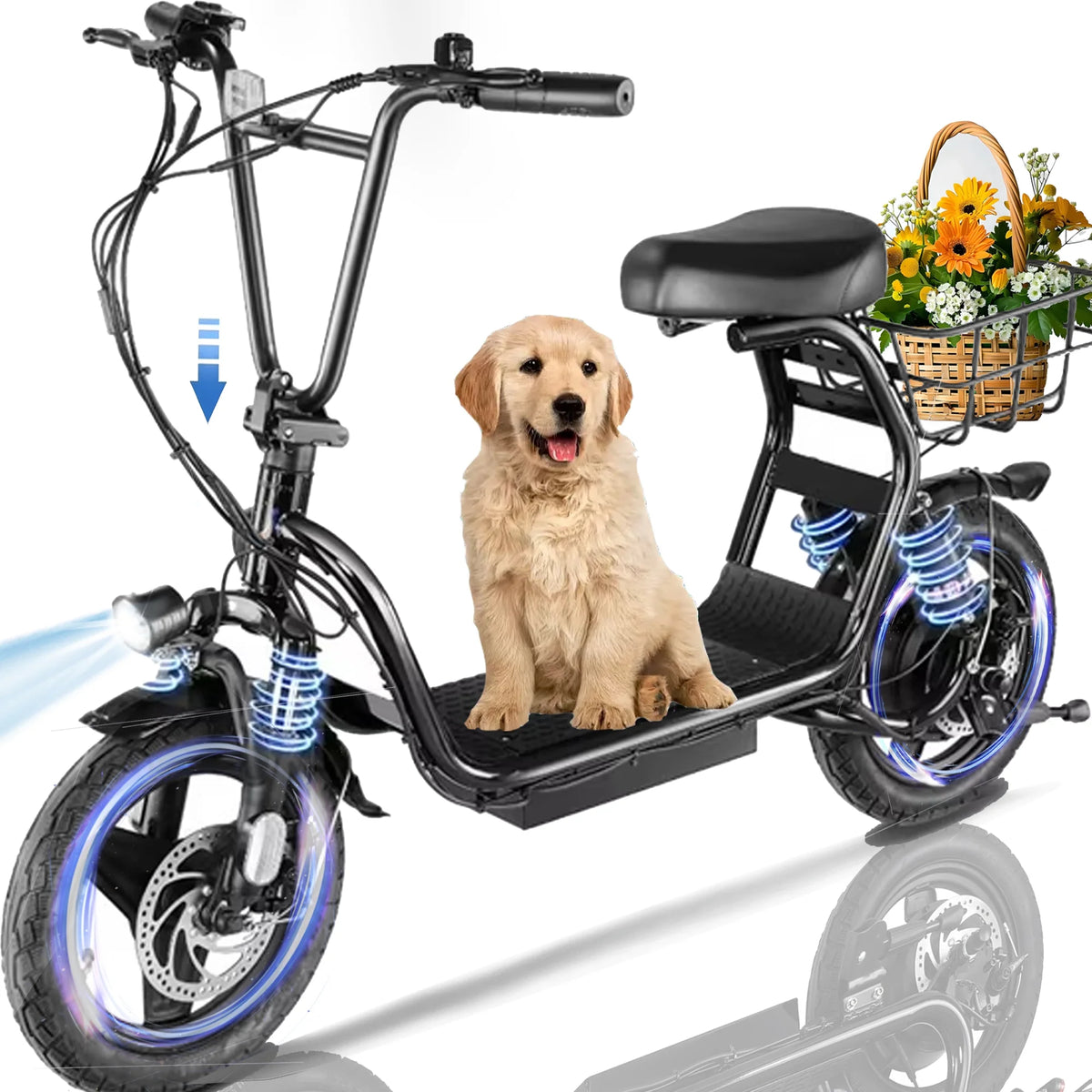 HOTEEL Electric Scooter with Seat, 819W Peak 500Wh Battery 25 Miles Range 20Mph Top Speed, Foldable Electric Scooter for Adults with Basket, Black