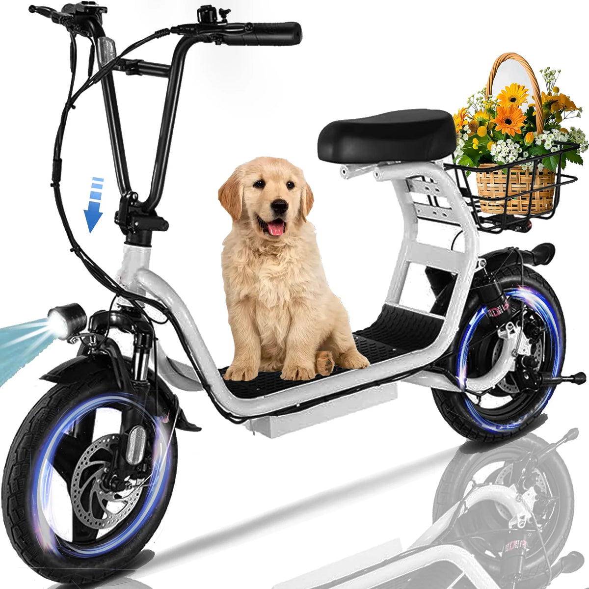 HOTEEL Electric Scooter with Seat, 500W 500Wh Battery 25 Miles Range 20Mph Top Speed, Foldable Electric Scooter for Adults with Basket, White