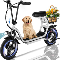 HOTEEL Electric Scooter with Seat, 500W 500Wh Battery 25 Miles Range 20Mph Top Speed, Foldable Electric Scooter for Adults with Basket, White