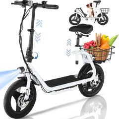 HOTEEL Electric Scooter with Seat, 500W 500Wh Battery 25 Miles Range 20Mph Top Speed, Foldable Electric Scooter for Adults with Basket, White