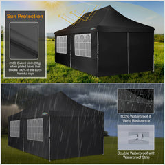 HOTEEL 10x20 Pop Up Canopy Tent with 6 Removable Sidewalls,Easy Up Commercial Canopy with Upgrade Raised Roof,Waterproof and UV50+ Gazebo with Carry Bag,Black