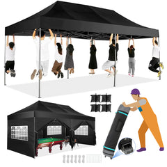 HOTEEL 10x20 Heavy Duty Pop up Canopy EZ Commercial Outdoor Tent Portable Party Wedding Instant Canopy Shelter All Season Anti-UV Waterproof Tent Gazebo with 6 Removable Sidewalls, Roller Bag