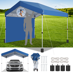 COBIZI 10'x10' Carport Canopy Tent with 1 Sidewall, 3 Adjustable Height Portable Garage, Instant Outdoor Carports with 8 Stakes, 4 Sandbags & Ropes for Motorcycle, Garden Tool, Commercial, Dark Blue