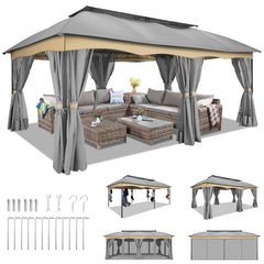 COBIZI Outdoor Gazebo 12x20 Patio Gazebo with Netting and Curtains Waterproof Gazebo with Double Roof Large Backyard Gazebo with Metal Steel Frame for Deck, Backyard, Lawn, Party, Garden, Khaki