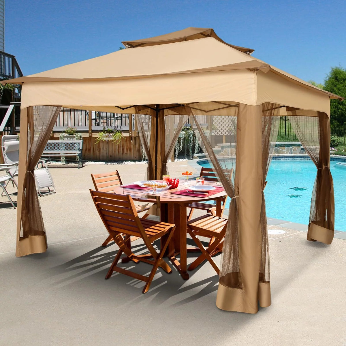 COBIZI Gazebo Canopy Tent, Pop Up Canopy 11x11 Tents for Parties, Outdoor Gazebo with Mosquito Netting and Vented Roof, Screen House for Garden Patio Backyard, Khaki