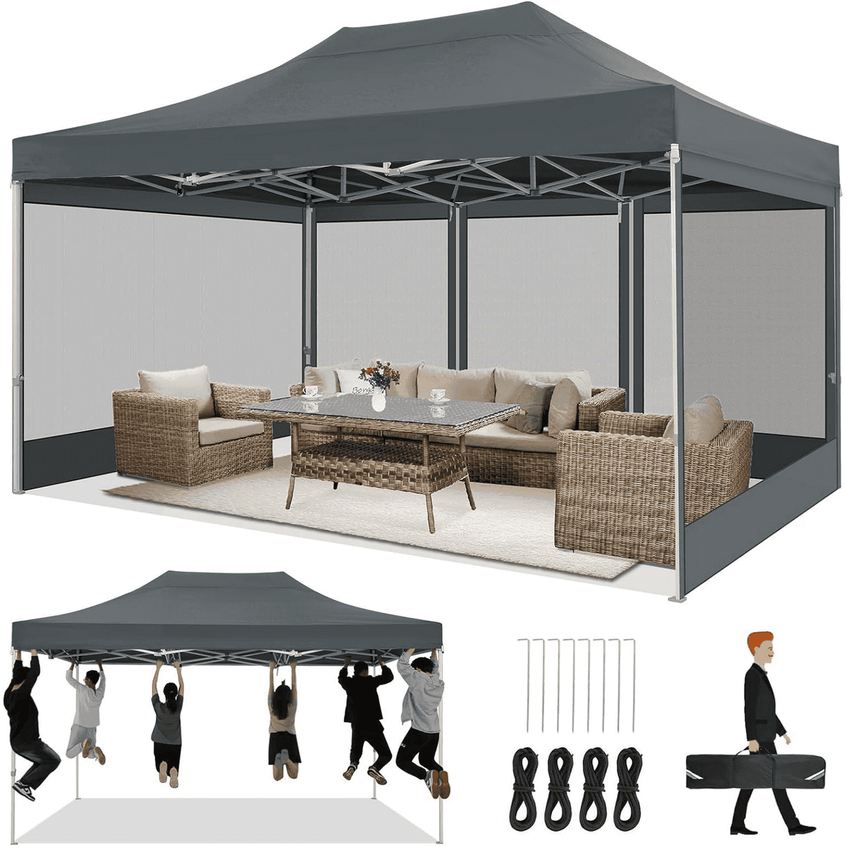 HOTEEL 10x15 Heavy Duty Canopy Tent, Pop up Canopies with Netting Screened ,Waterproof Ez up Canopy with Sidewalls, Outdoor Instant Party Tent for Backyard,Haze Gray