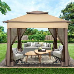 COBIZI 12x12 Outdoor Gazebo Pop Up Gazebo Canopy with Mosquito Netting Patio Tent Backyard Canopy with 2-Tiered Vented Top 3 Adjustable Height, Beige