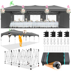HOTEEL 10x30 Ez Up Pop Up Canopy Tent, Party Tents with One Push Central Button Air Vent, Instant Canopy Tent with Sidewalls & Reflective Strip
