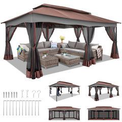 COBIZI Outdoor Gazebo 12x20 Patio Gazebo with Netting and Curtains Waterproof Gazebo with Double Roof Large Backyard Gazebo with Metal Steel Frame for Deck, Backyard, Lawn, Party, Garden, Khaki