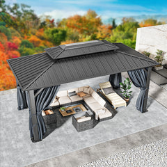 Hoteel 10'x15' Hardtop Gazebo, Outdoor Steel Double Galvanized Roof Canopy, Aluminum Frame Permanent Pavilion Metal Gazebo with Curtains and Nettings, Sunshade for Patios, Gardens, Lawns, Black